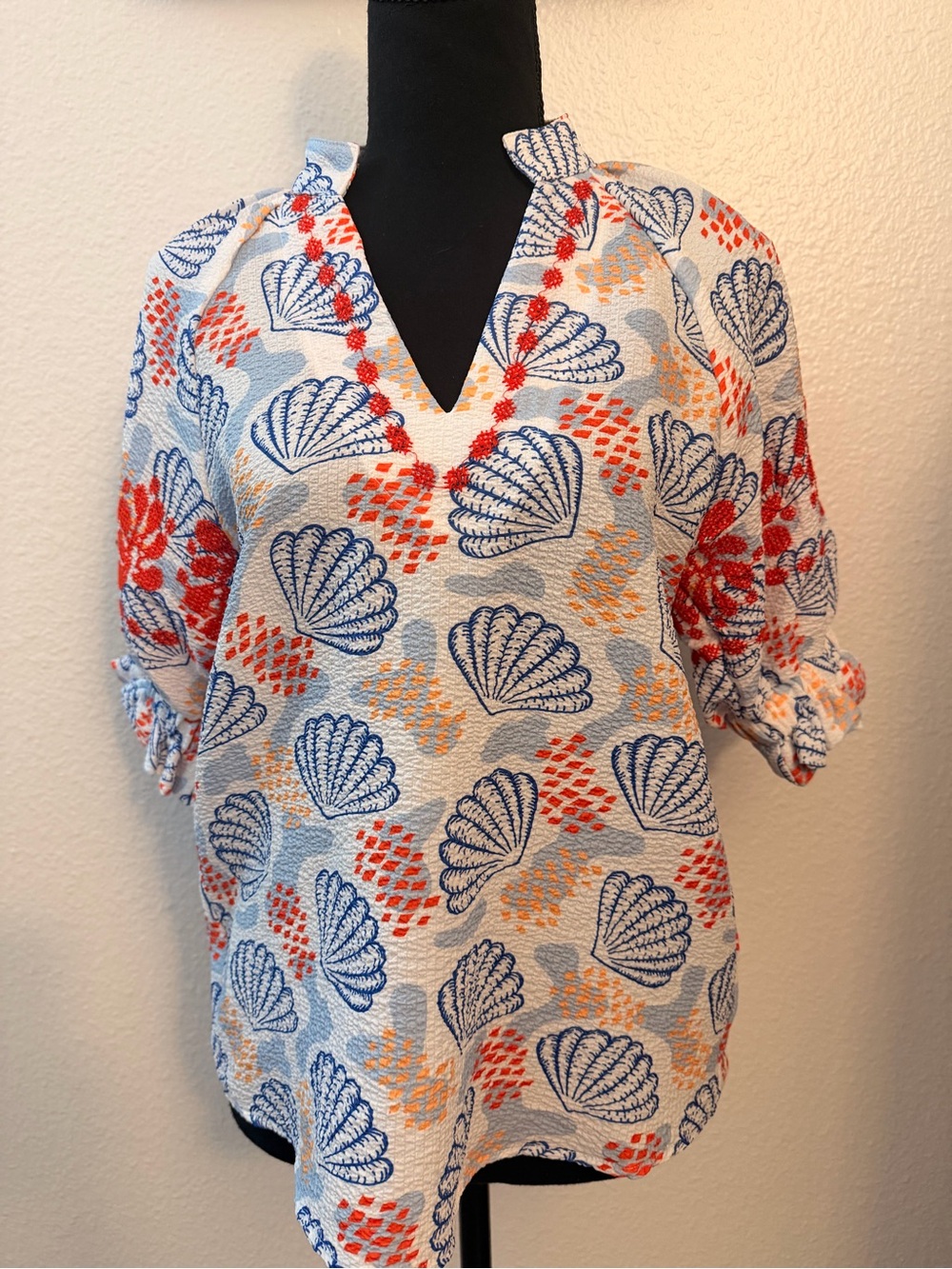 THML Shell-Print V-Neck Tunic in Blue, Coral & Yellow